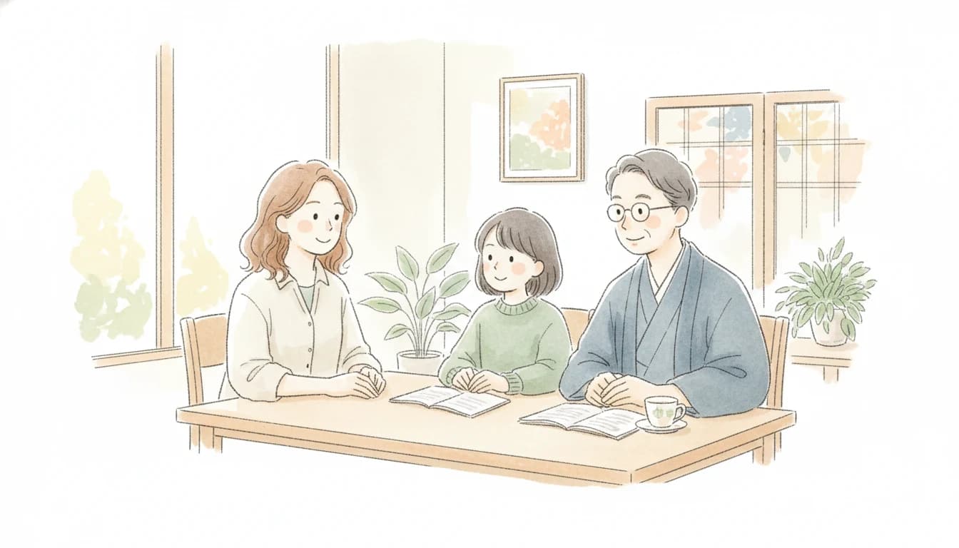 保護者・お子さま・先生が穏やかに話し合う相性の良いシーンのイラスト