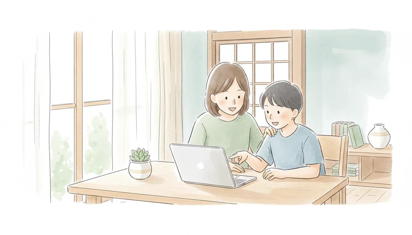 家庭で家庭教師サービスを比較する親子のイラスト