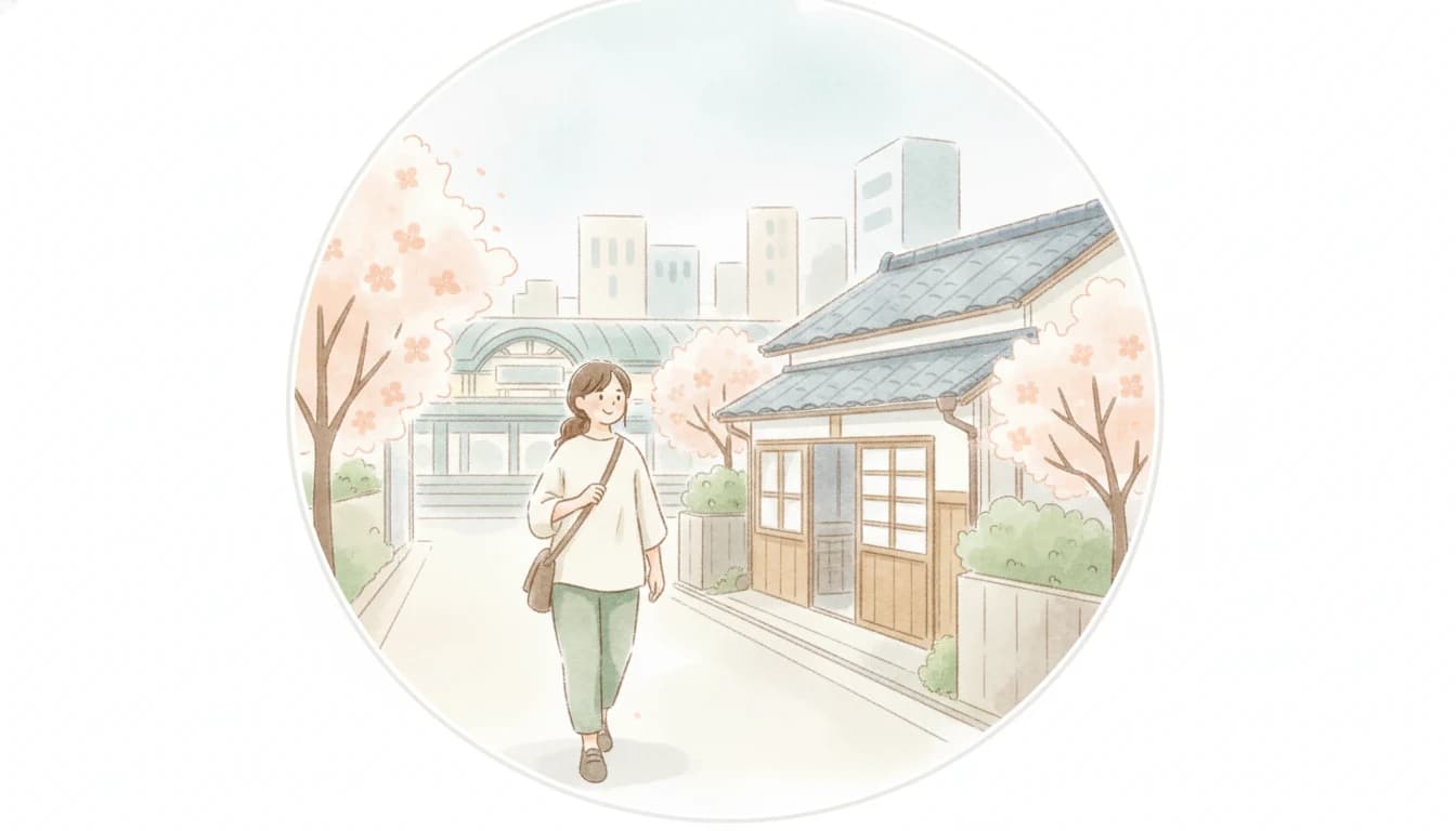 駅や街並みを背景に生徒の家へ向かう家庭教師のイラスト（通える範囲のイメージ）