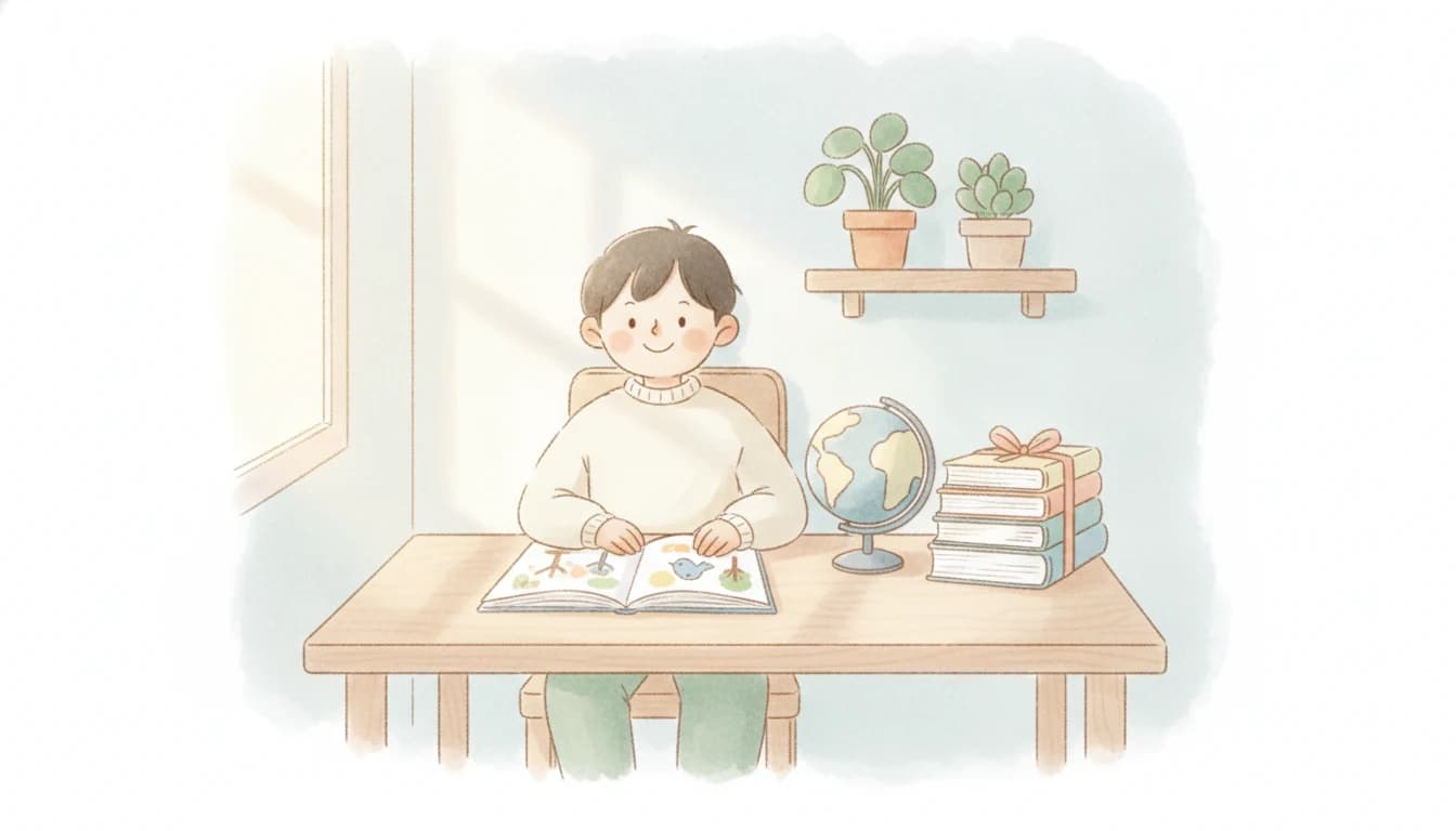 英語の本や地球儀に親しみ、学年を追って学ぶ子どものイラスト
