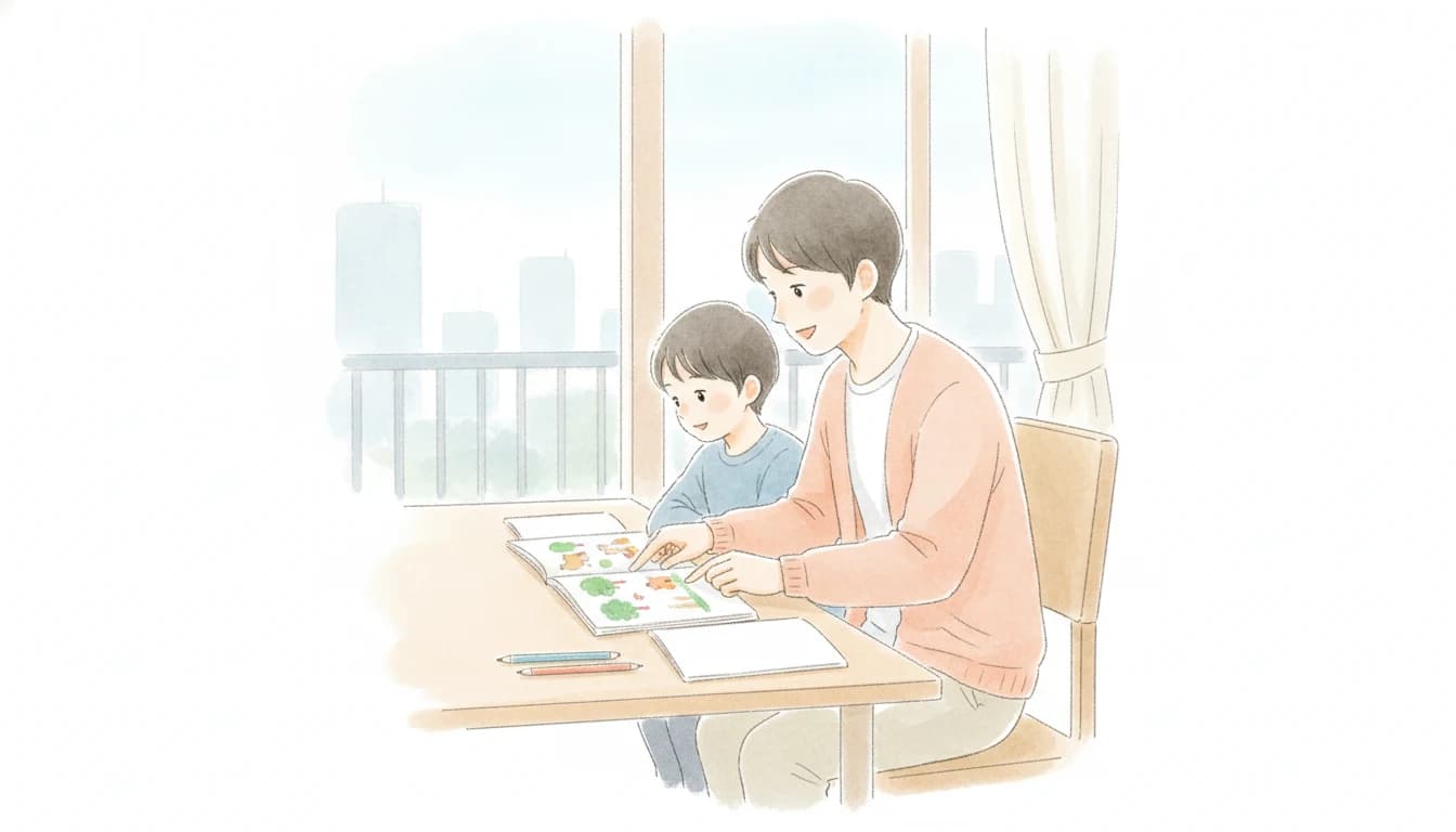 新宿の家庭で英語を個別指導する家庭教師と子どものイラスト