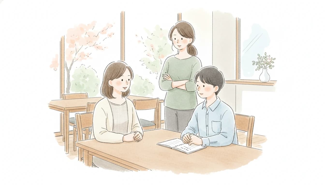家庭教師の体験授業を見守る保護者と先生・生徒のイラスト