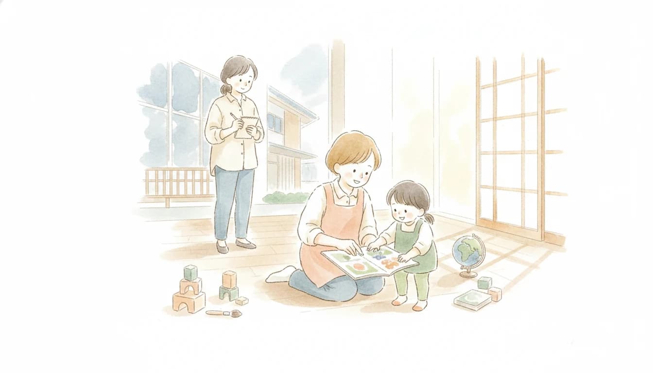 体験授業を冷静に観察する保護者のイラスト