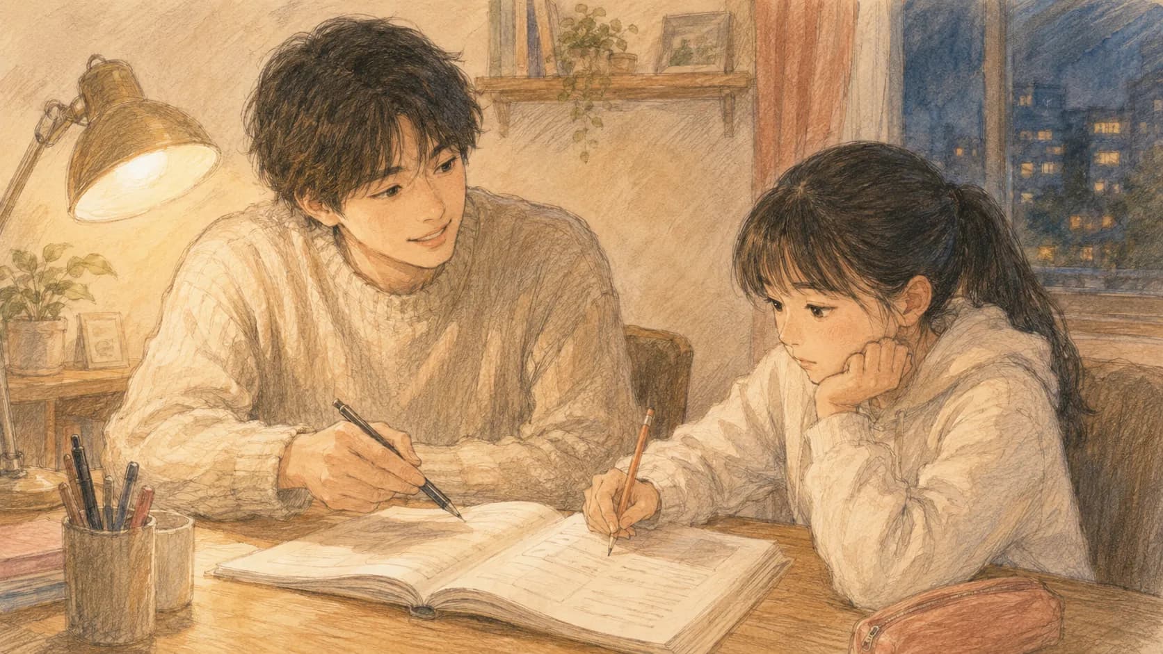 苦手な生徒と粘り強く向き合う家庭教師のイラスト