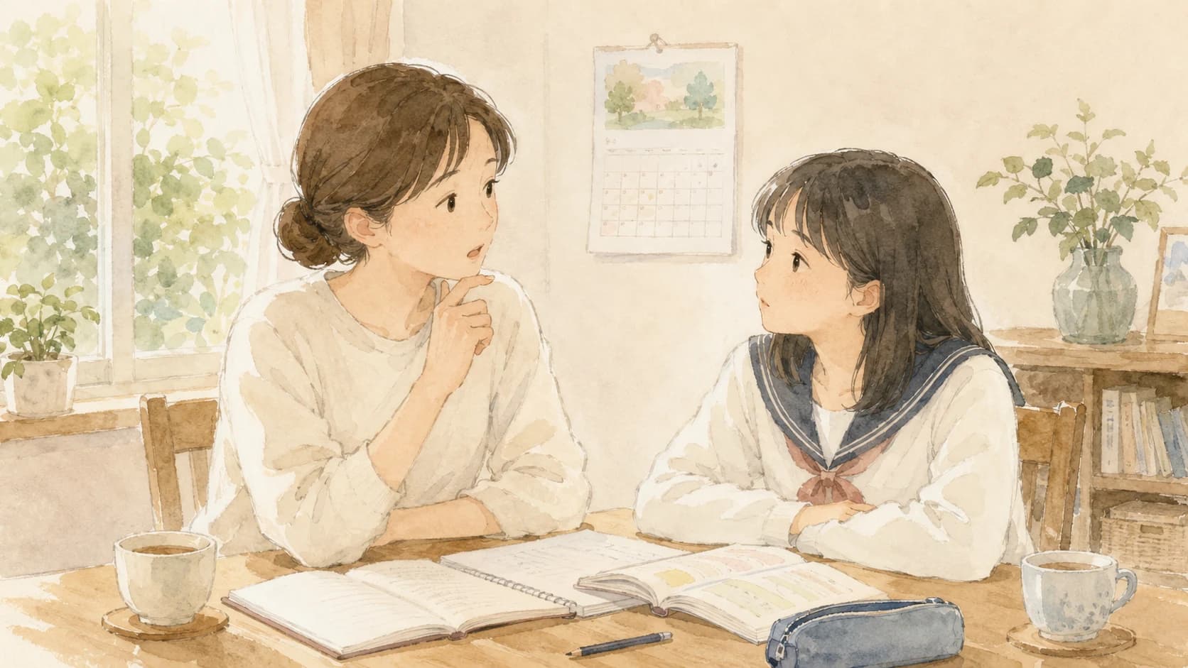 受験勉強の始め時について家庭で穏やかに話し合う親子のイラスト