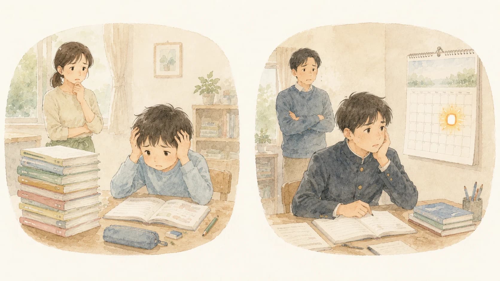 受験勉強を早く始めすぎる場合と遅く始めすぎる場合の2つのリスクを並べたイラスト
