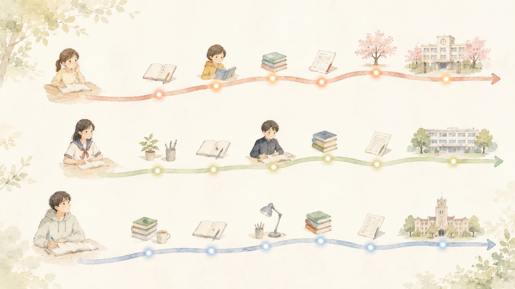 中学受験・高校受験・大学受験の3つの道筋と始める時期の違いを示すイラスト