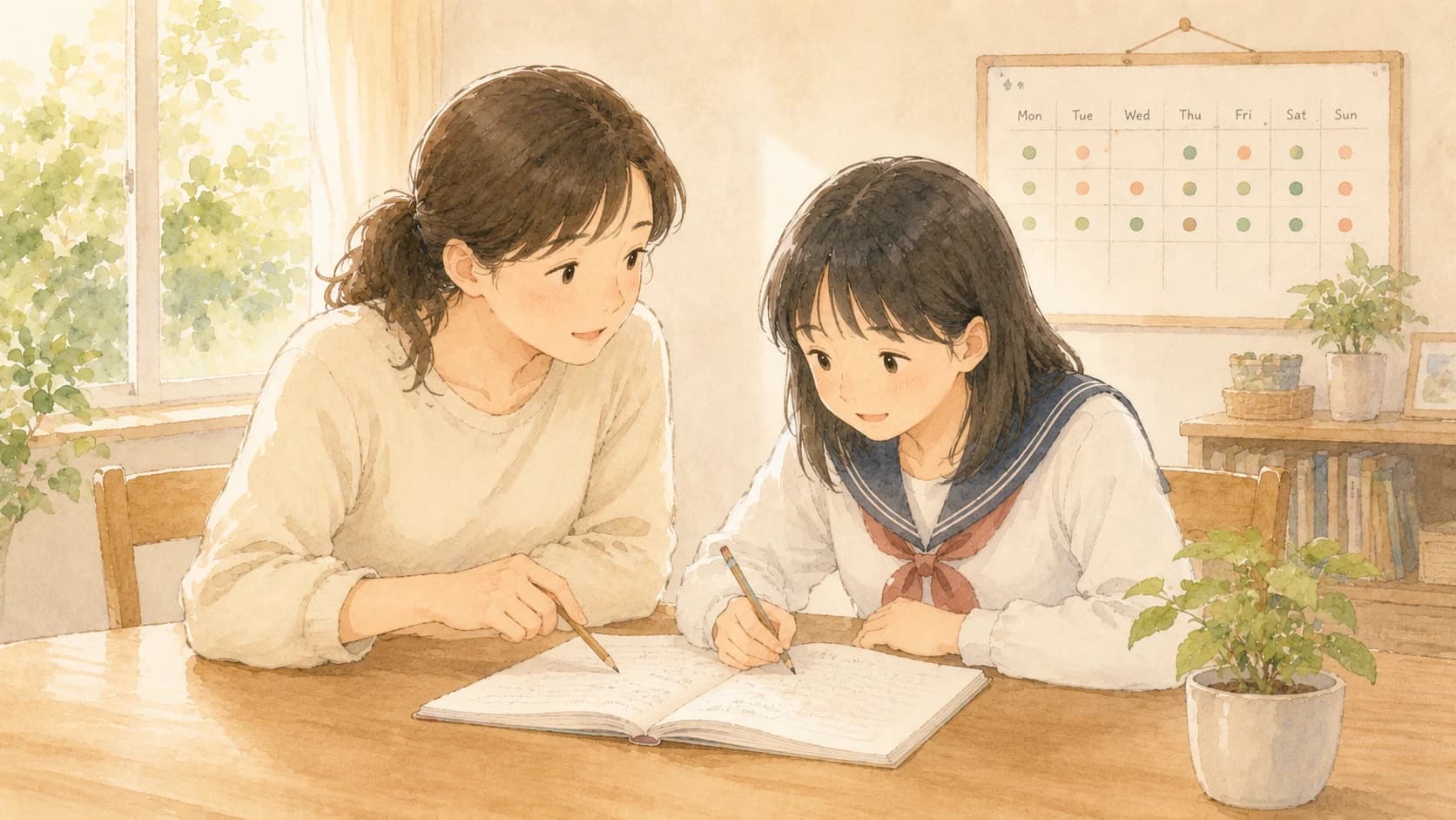 週の頻度と中身で差がつくことを表す家庭教師と生徒の集中したコマのイラスト