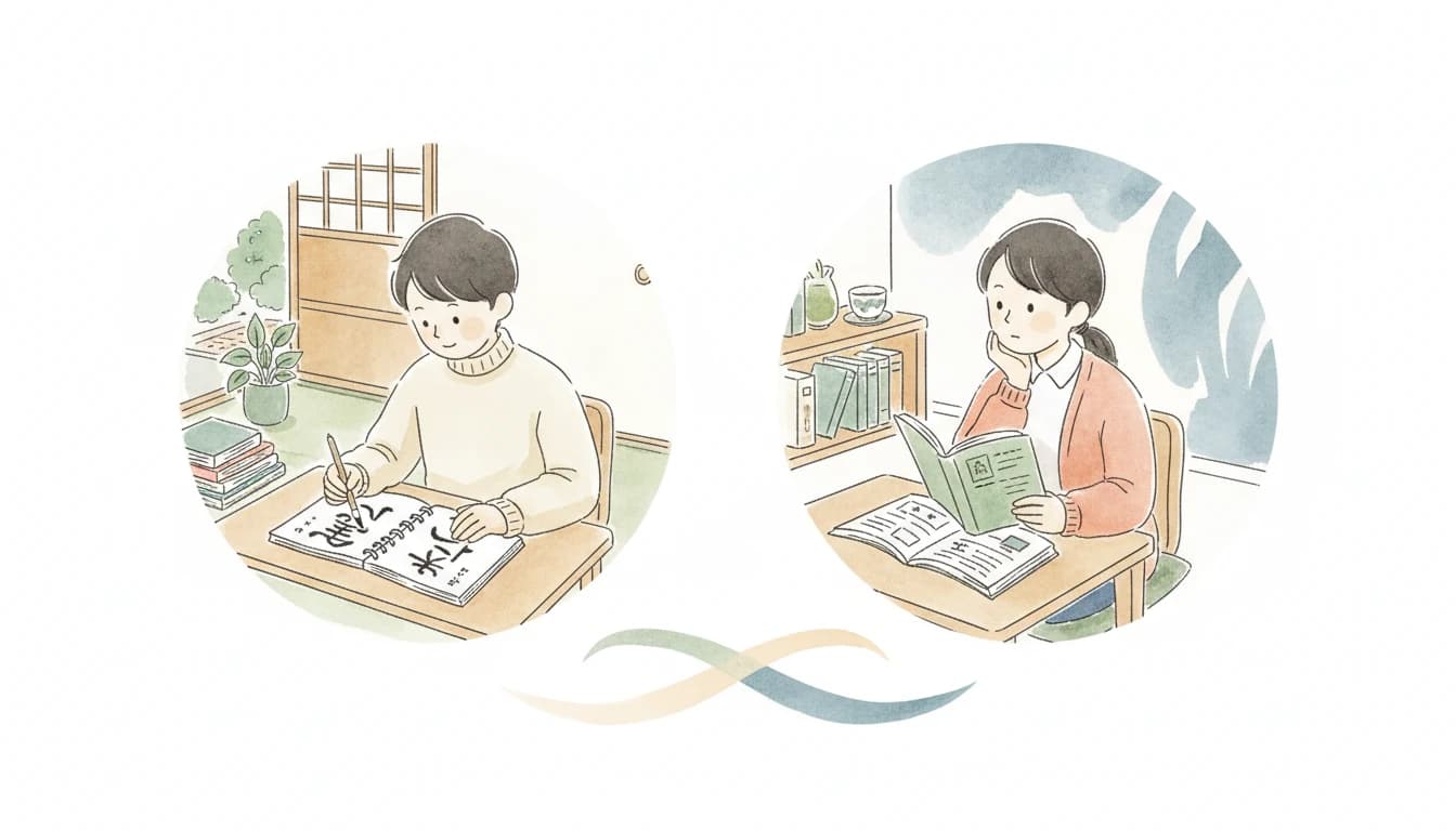 書いて覚える vs 読んで覚える比較イラスト