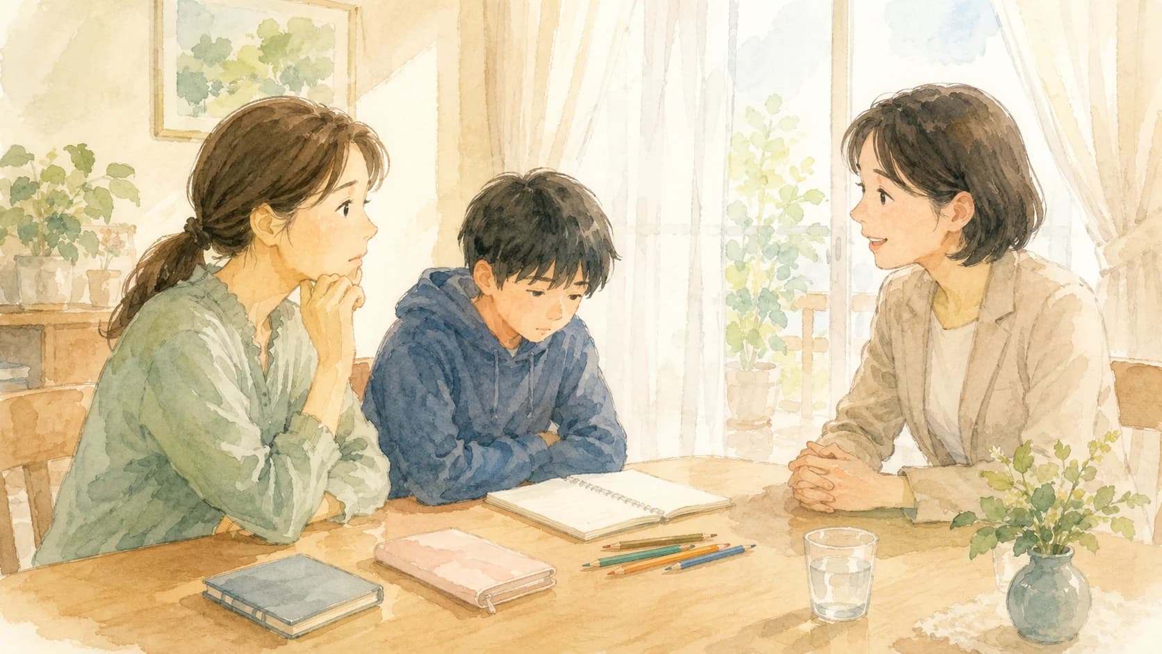 発達特性のあるお子さまの学習について家庭で穏やかに話す保護者と家庭教師のイラスト