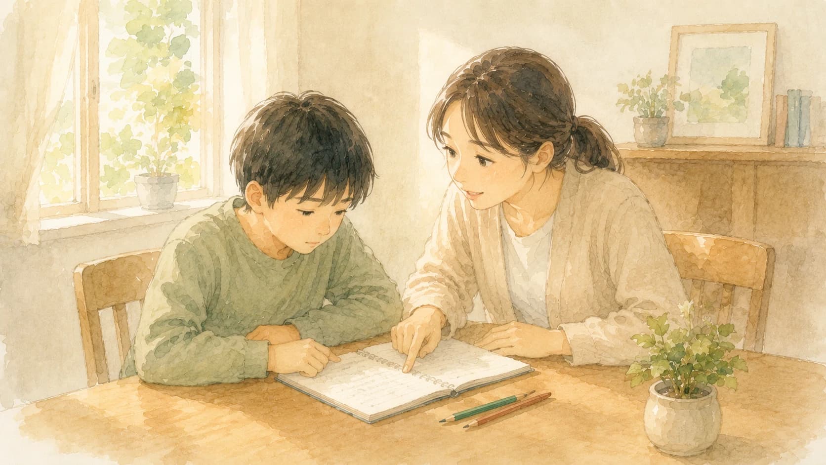 刺激の少ない自宅で1対1の落ち着いたペースで学ぶお子さまと家庭教師のイラスト