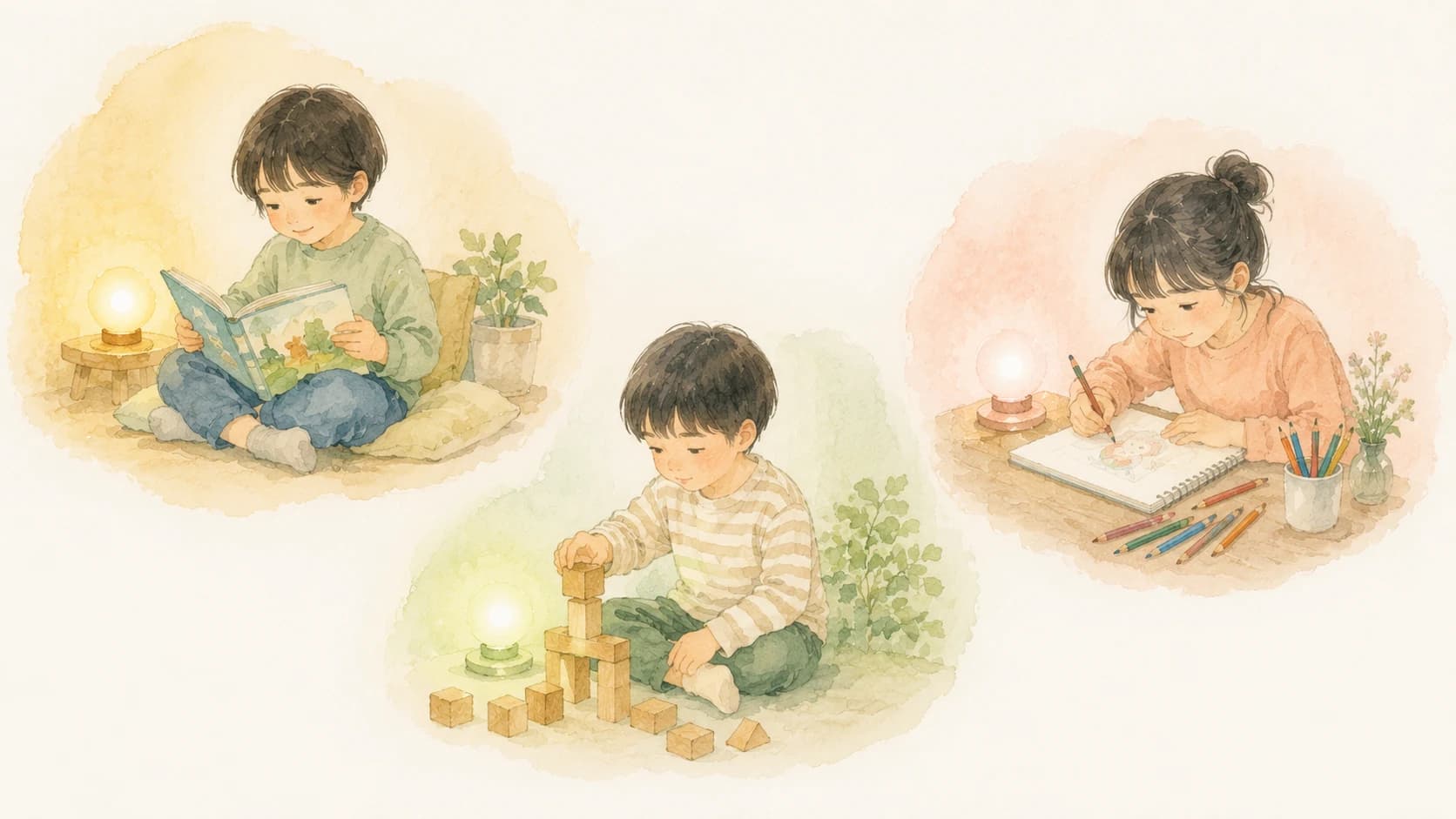 それぞれ違う取り組み方で学ぶ3人のお子さまと個性を表すやさしい光のイラスト