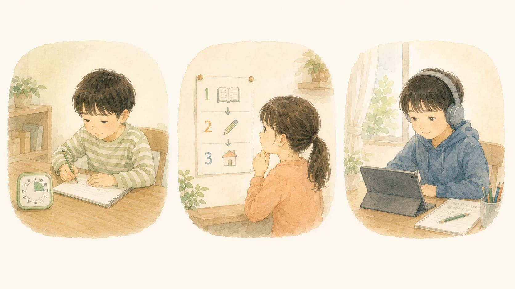 短時間集中・予定の見える化・音声と教材の併用という3つの関わり方を示すイラスト