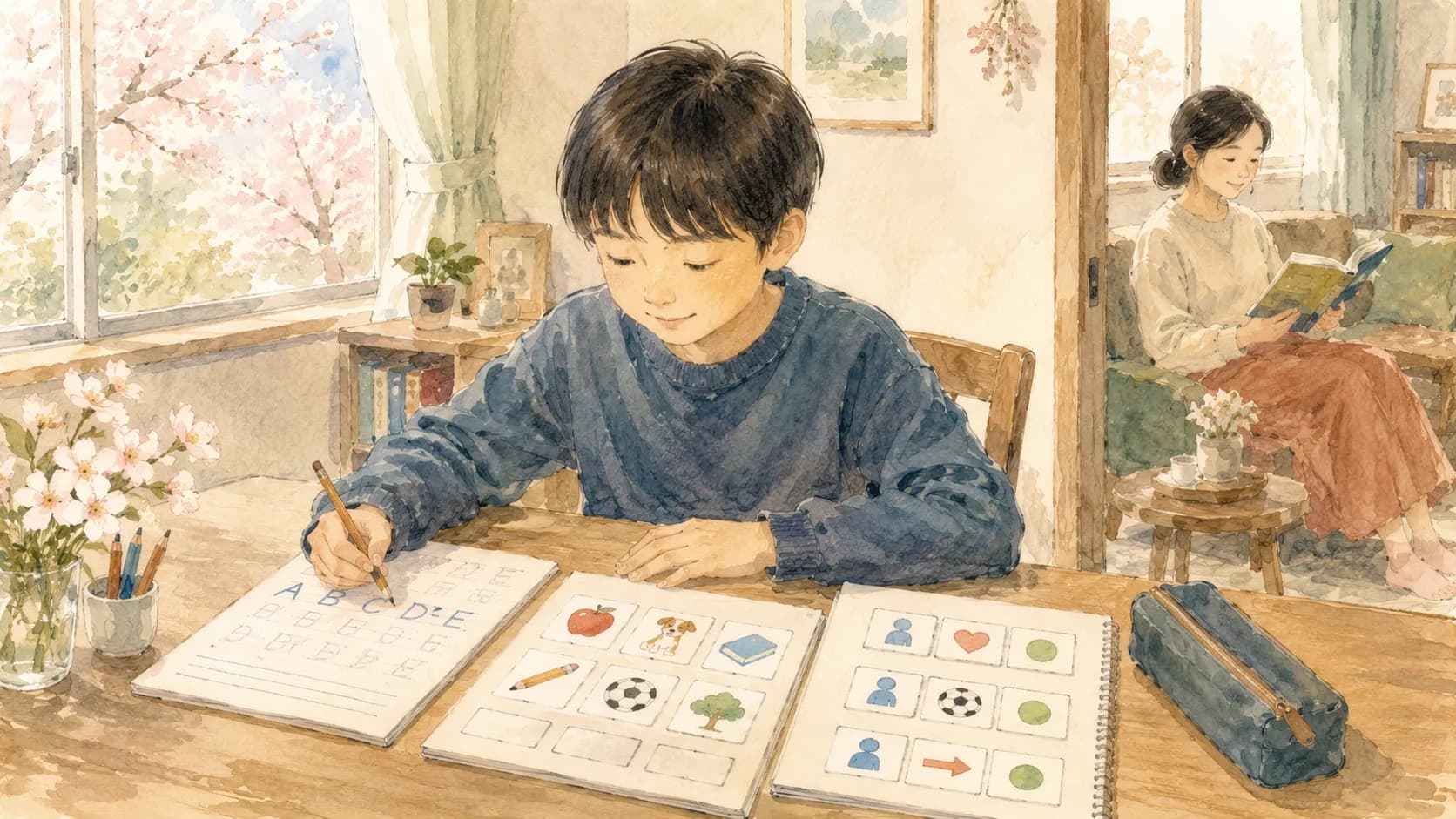 中学英語に備えてアルファベット・単語・語順に取り組む小学6年生のイラスト