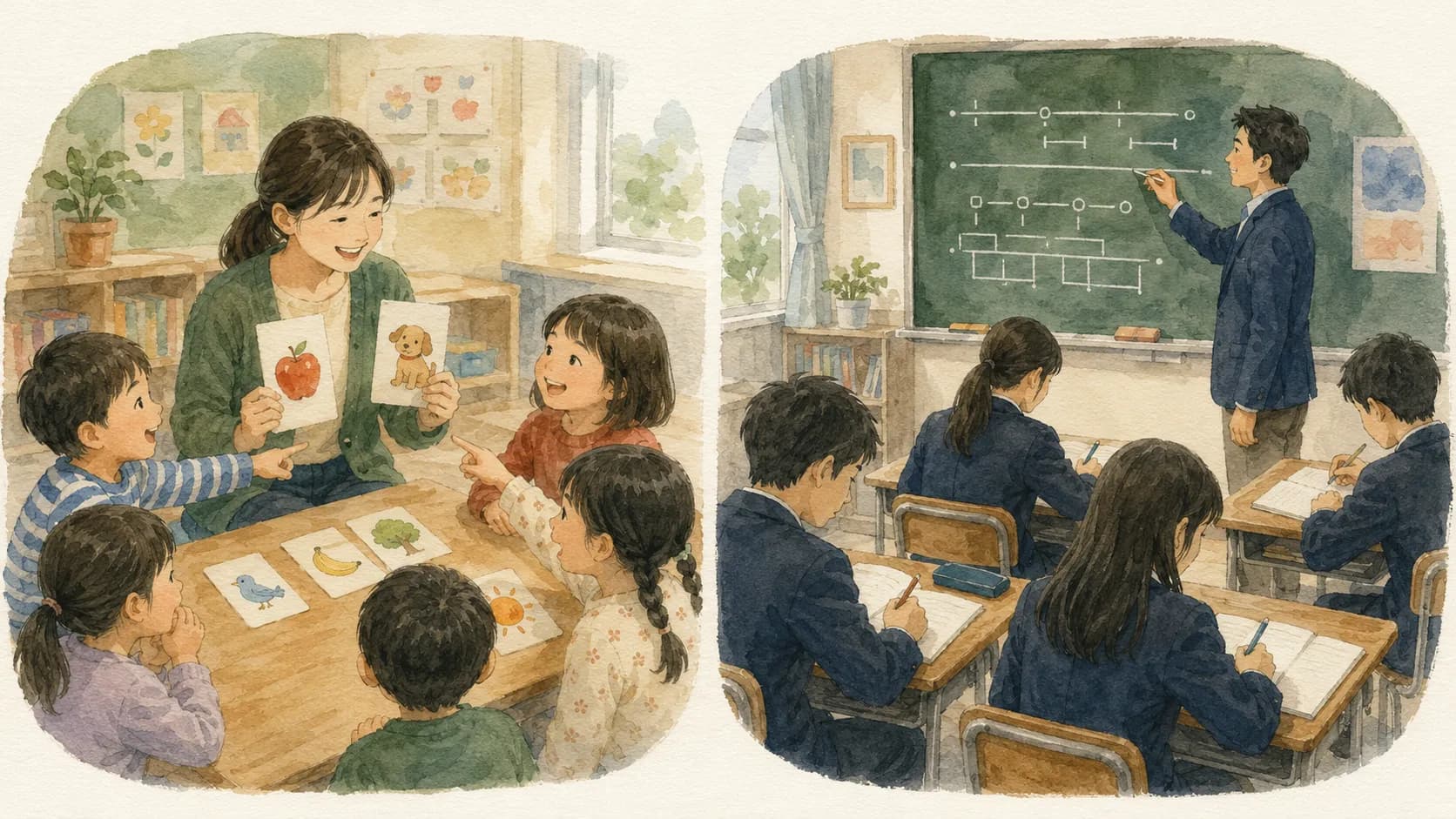 小学校英語と中学英語の学習の違いを並べたイラスト