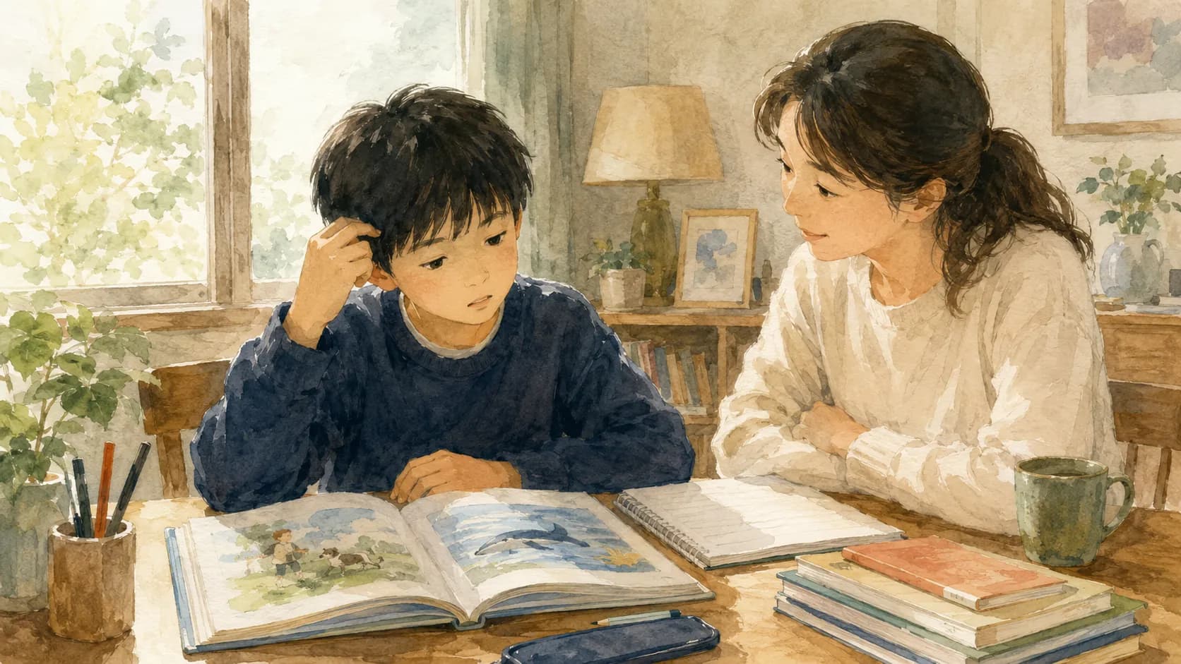 小学校英語に取り組む小学生と寄り添う保護者のイラスト