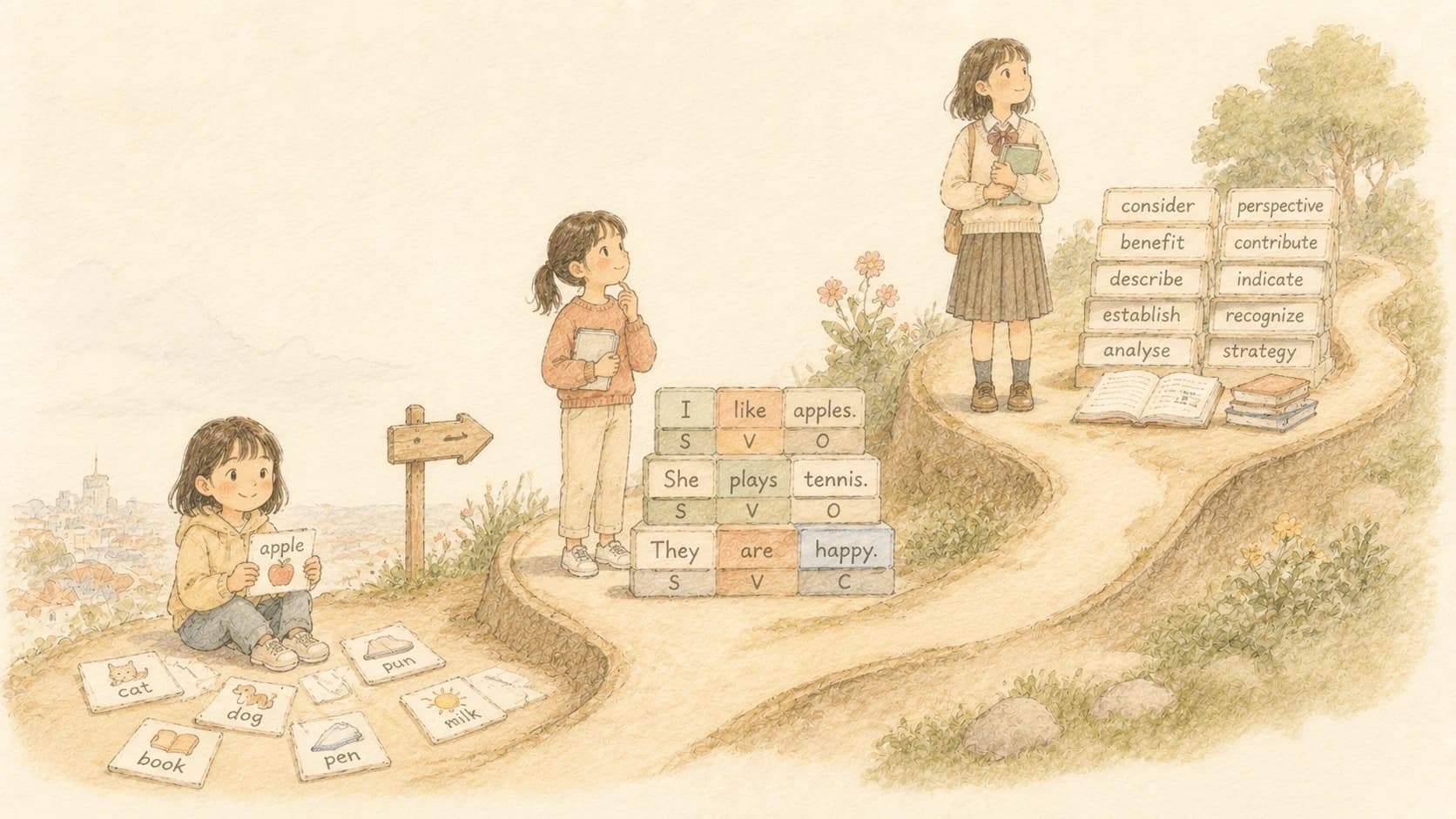 英語学習のレベル別の優先順位を表す道筋のイラスト