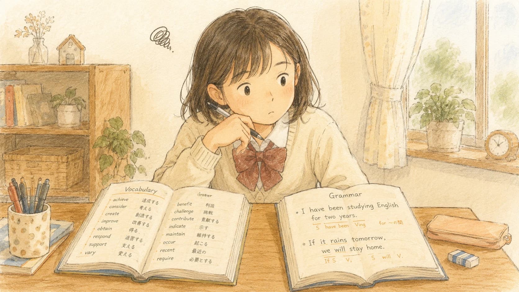 英語の単語帳と文法書のどちらを先にやるか考える生徒のイラスト
