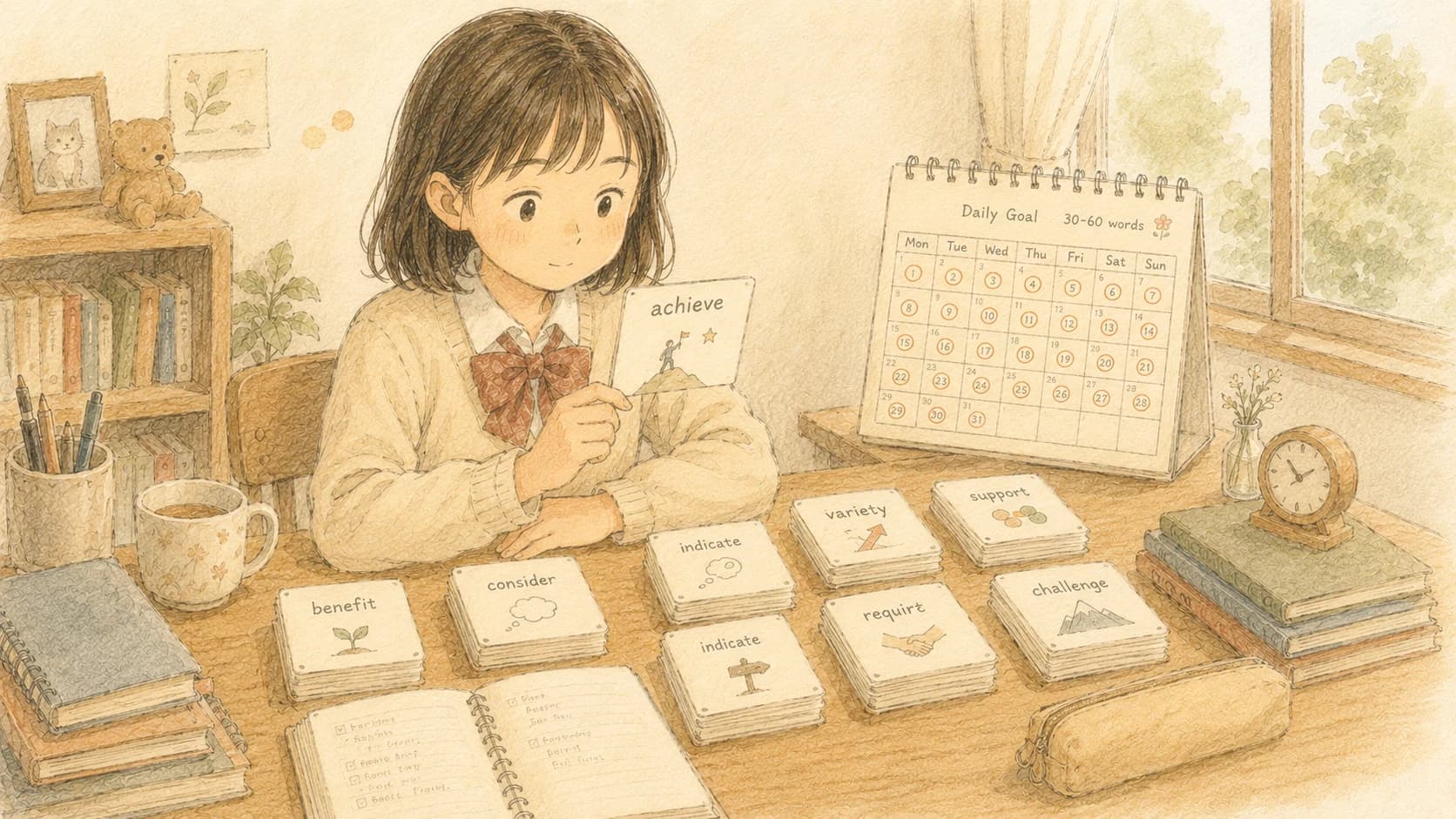 単語暗記に集中する生徒のイラスト
