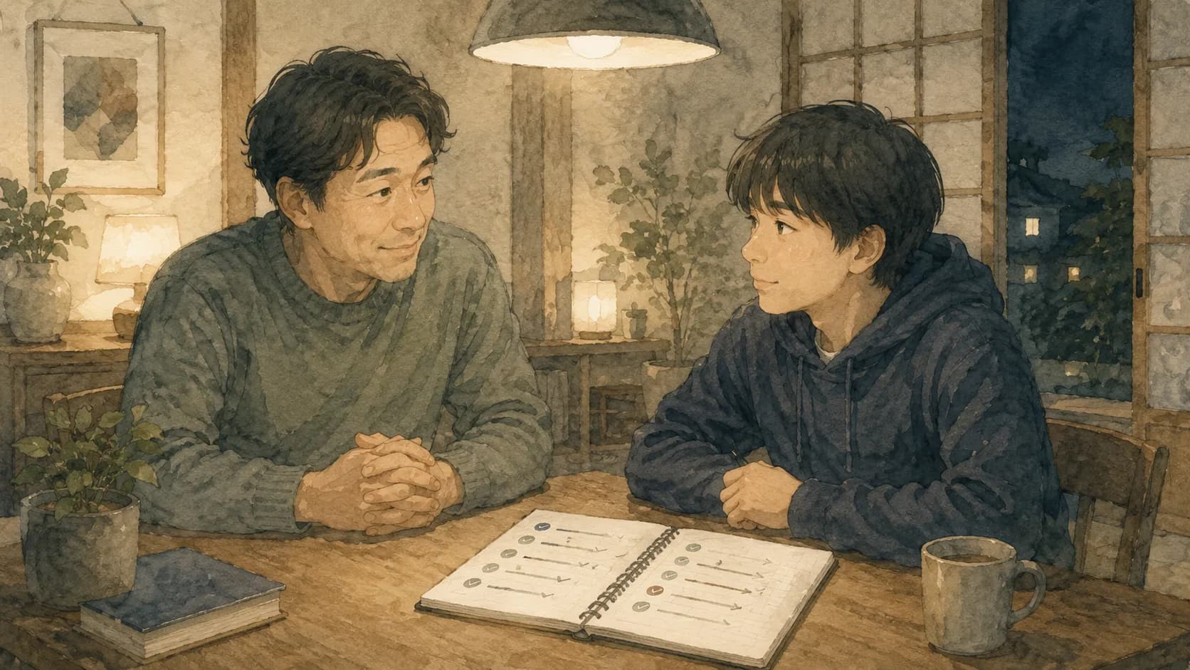 次の対策の話を冷静にする保護者と受験生のイラスト