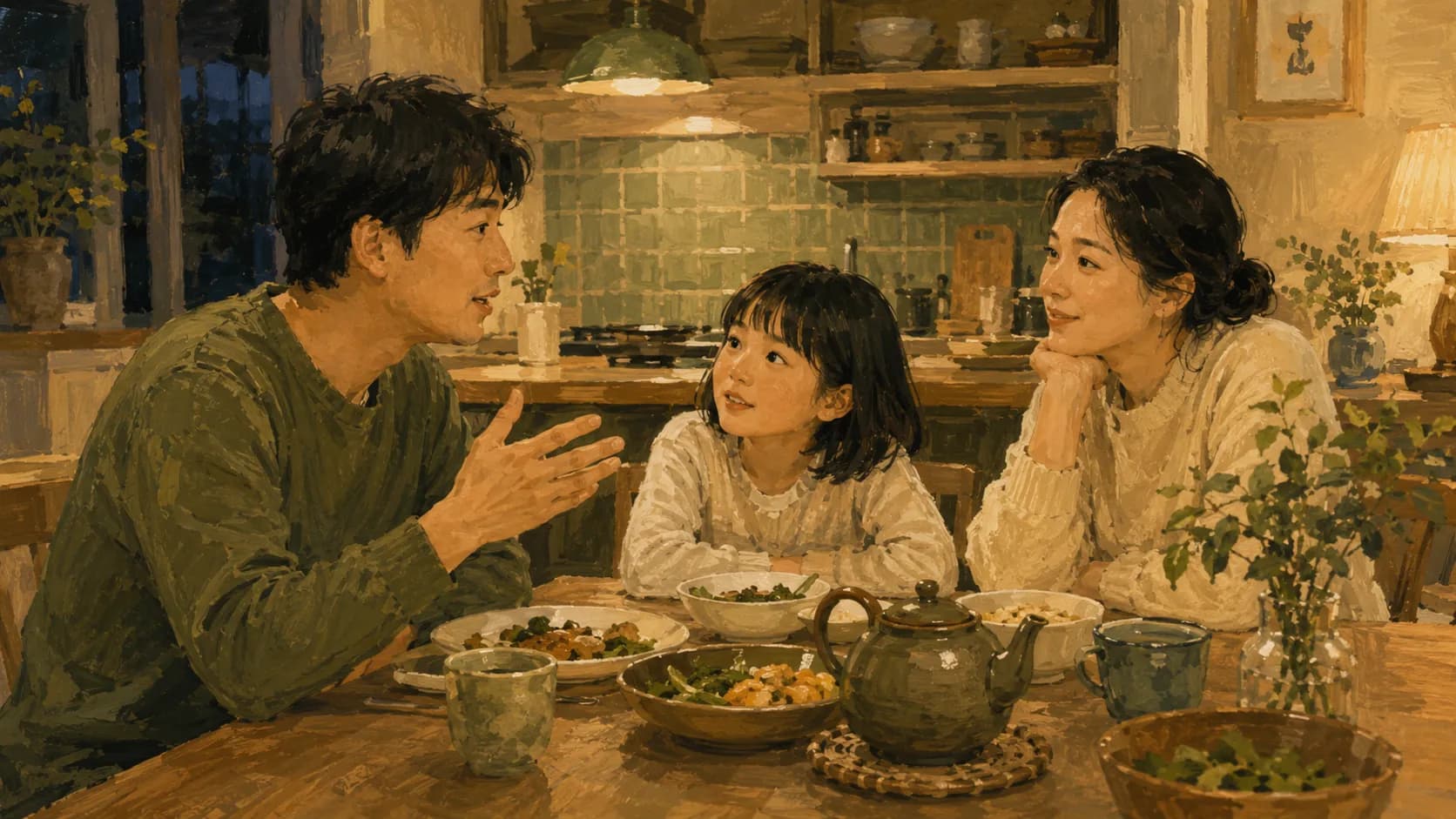 夕食の食卓で家族が話し合う風景のイラスト