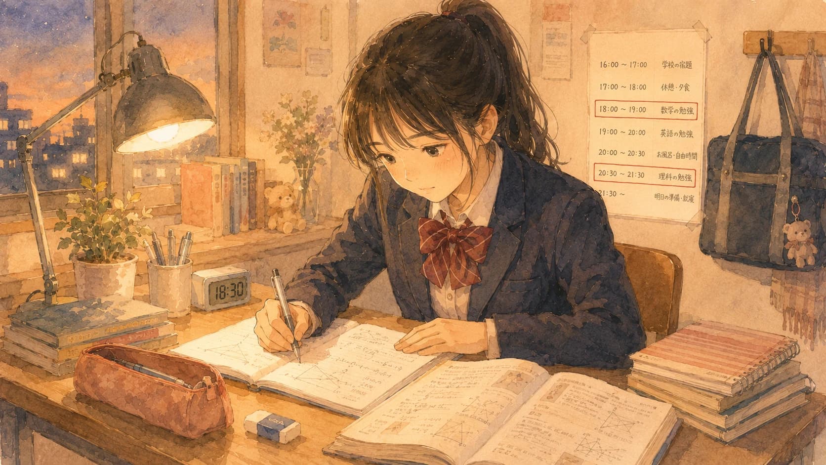 毎日の習慣として勉強に取り組む高1生のイラスト