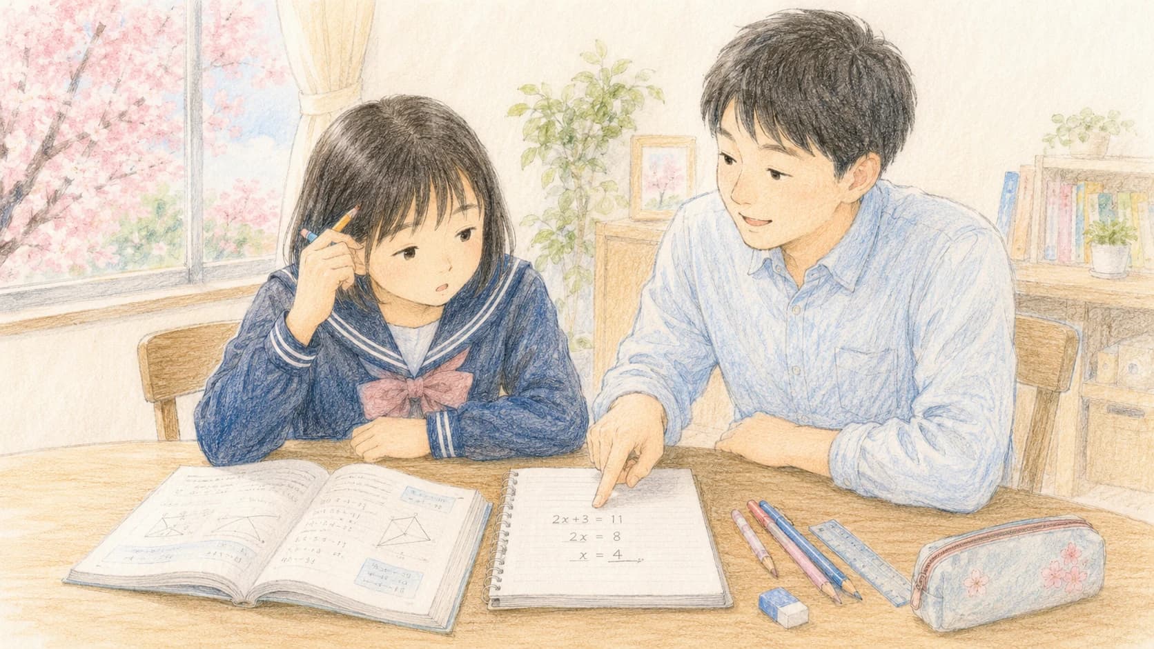 中学数学を家庭教師と一緒に見直す中学生のイラスト