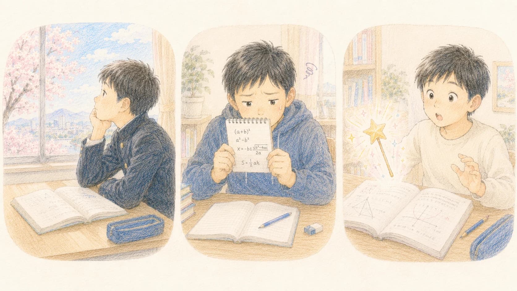 数学学習で陥りがちな3つの失敗パターン(先取り・公式暗記・魔術視)を表すイラスト