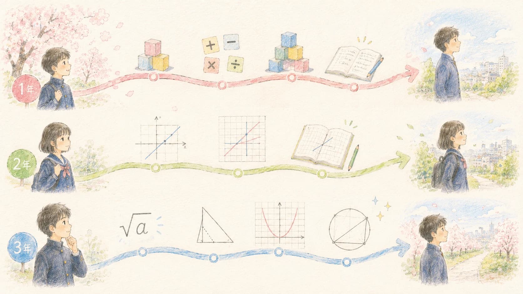 中1・中2・中3の数学単元の地図を3本の道筋で表したイラスト