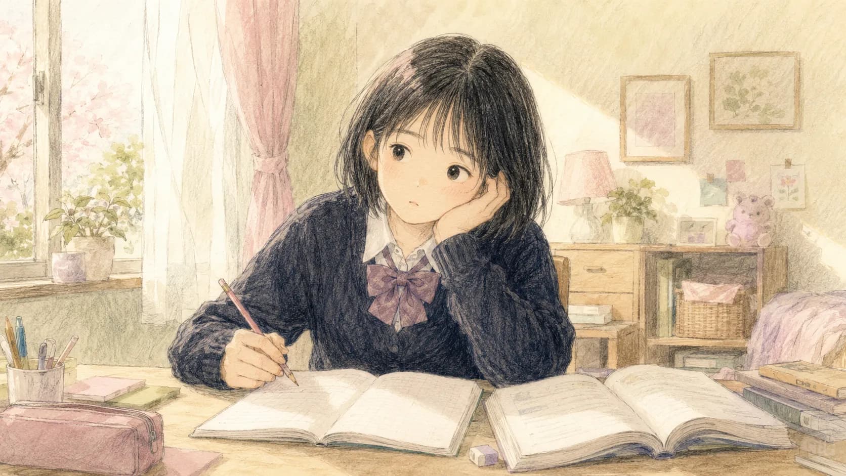 数学の問題を前にして手が止まる中学生のイラスト