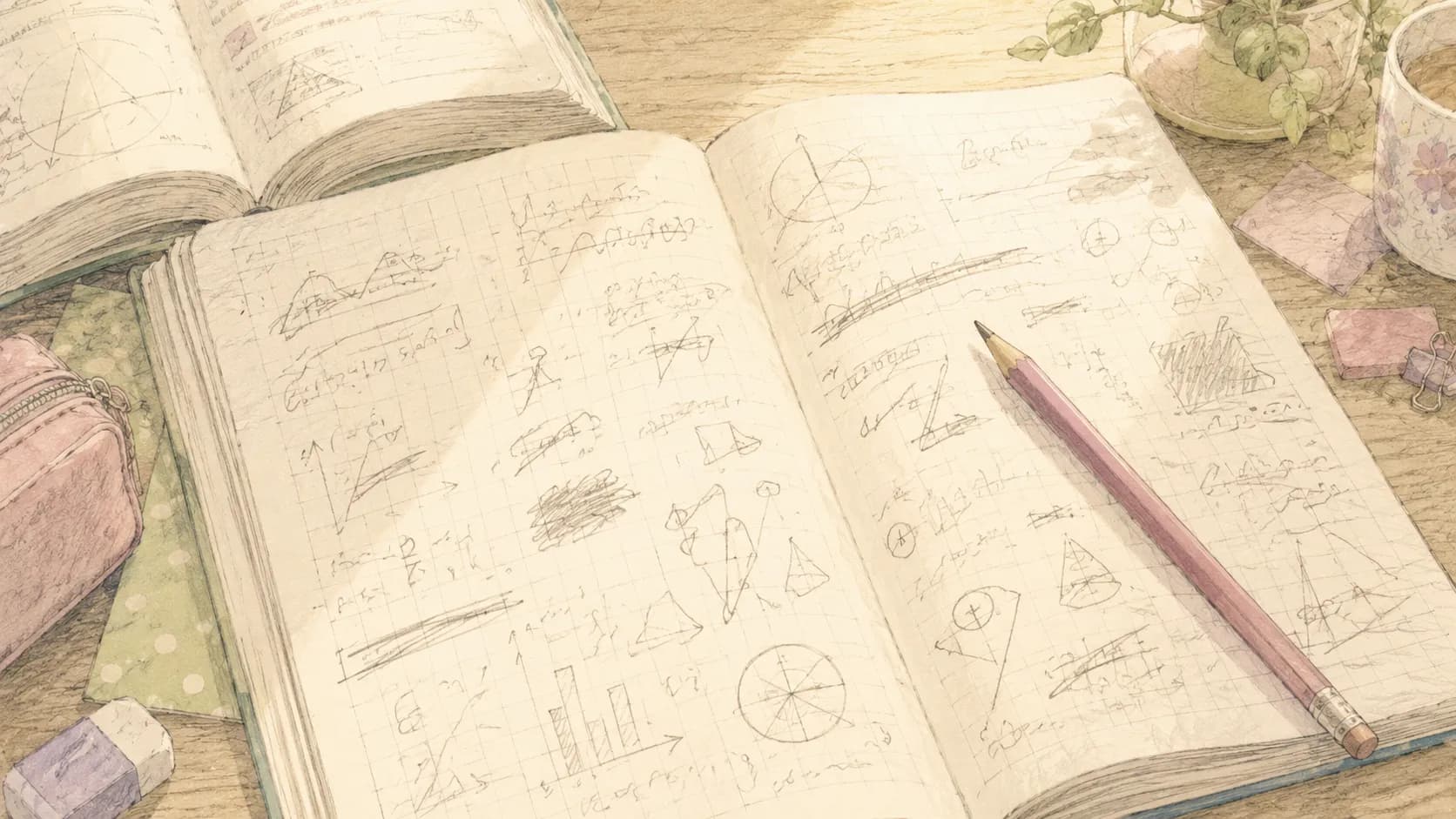 試行錯誤の跡が残る数学ノートのイラスト