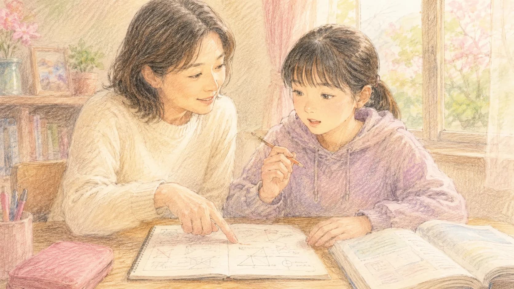 図を指差して質問を投げかける保護者と考える子どものイラスト