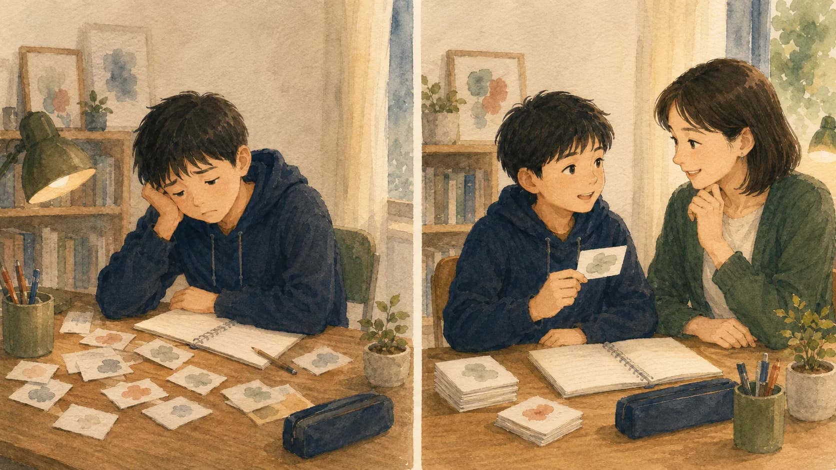 一人で暗記する場合と伴走者がいる場合の対比イラスト