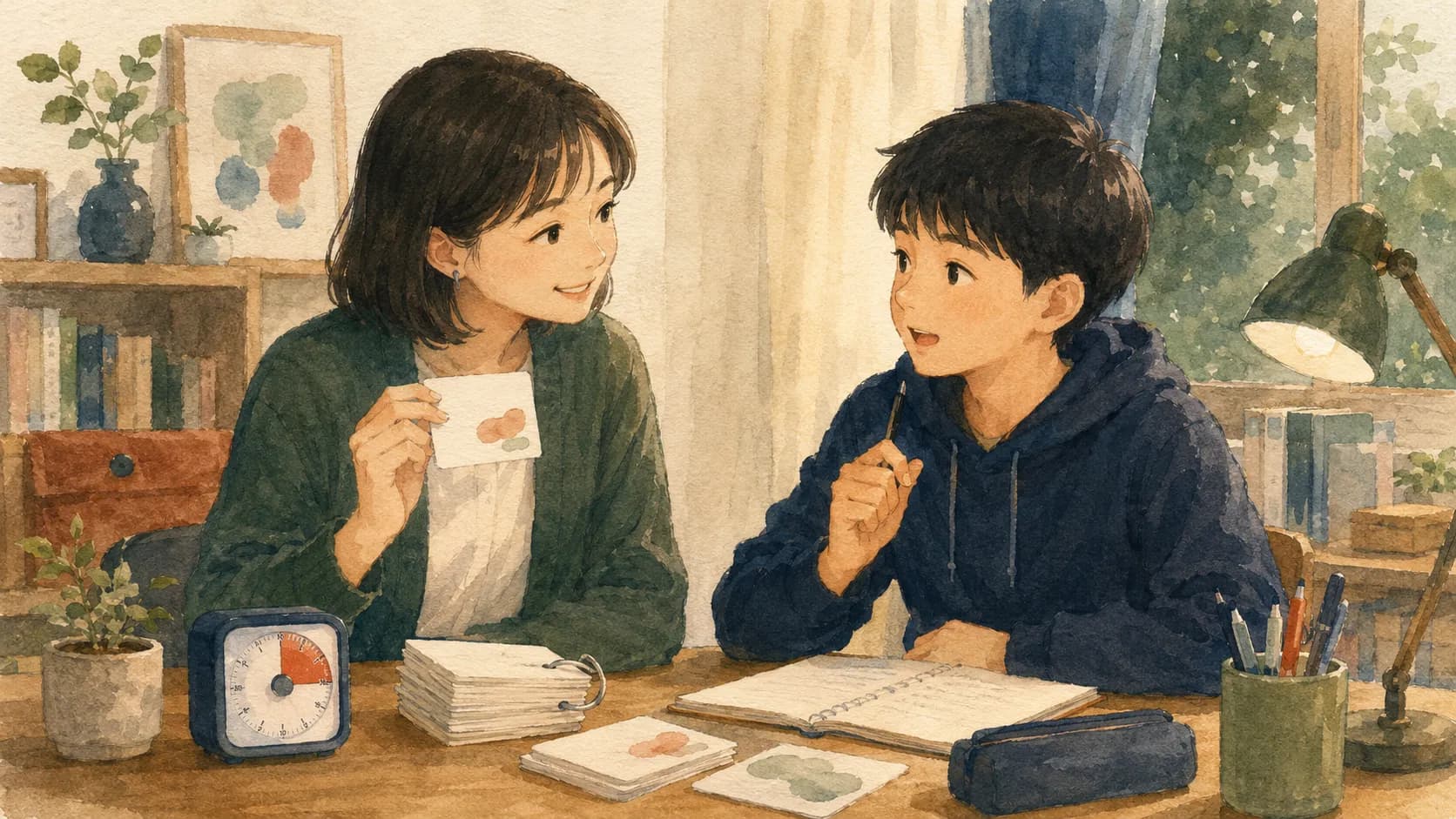 授業の冒頭で暗記の確認をする家庭教師と生徒のイラスト