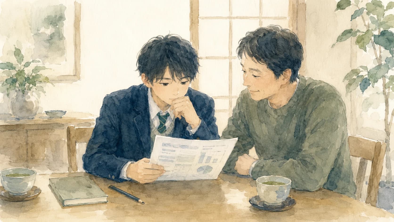 模試の結果票を前に親子で冷静に話し合うイラスト