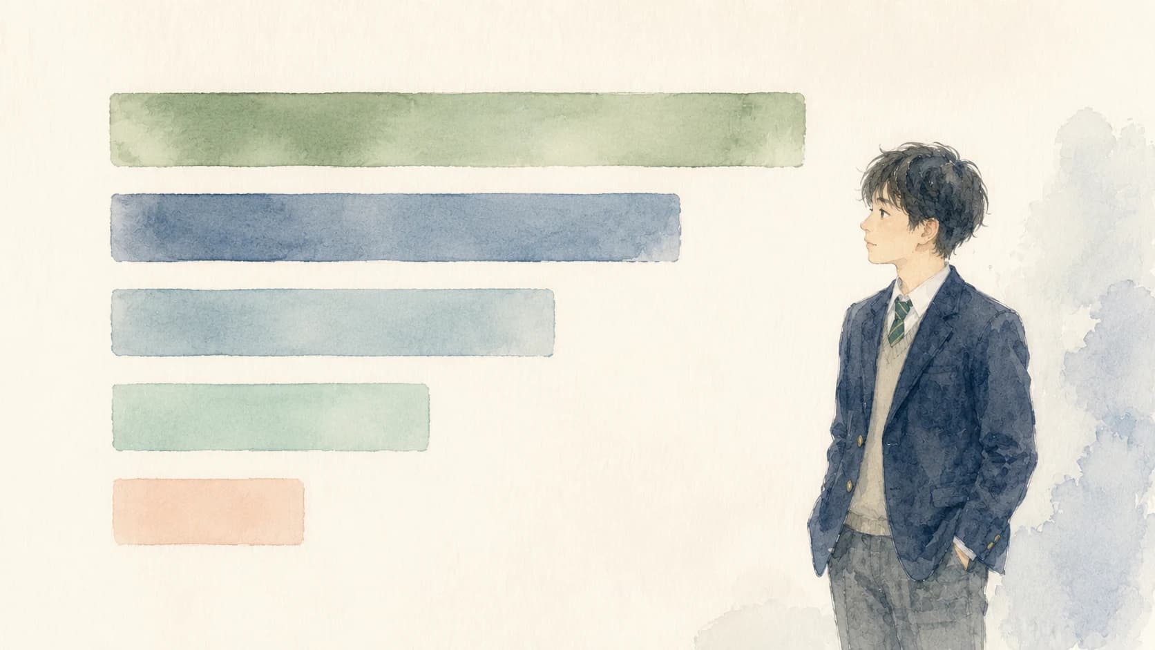 模試のA〜E判定を視覚的に示すイラストと冷静に見つめる生徒のイラスト