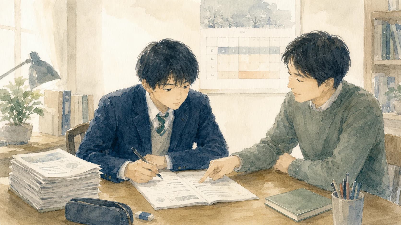 D判定から過去問添削で逆転を目指す家庭教師と高校生のイラスト