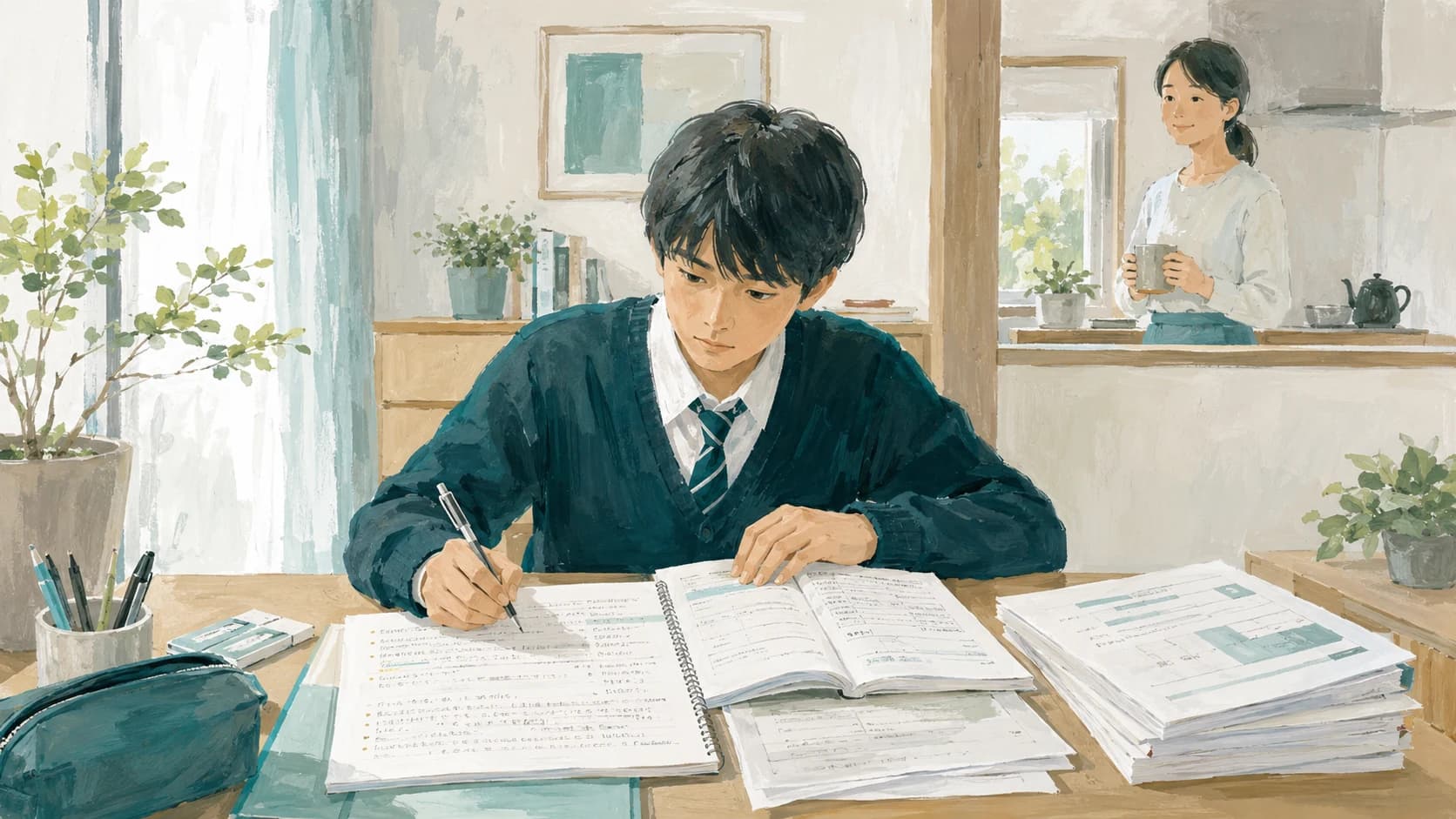 総合型と一般入試の両方を並行準備する高校生のイラスト