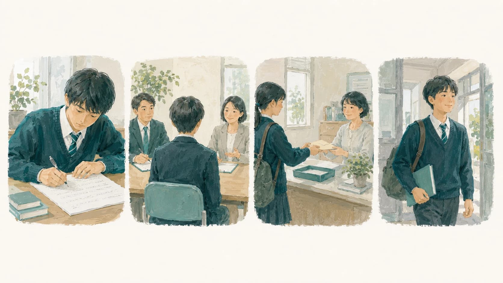 大学入試の4つのルート(一般・総合型・公募・指定校)を表すイラスト