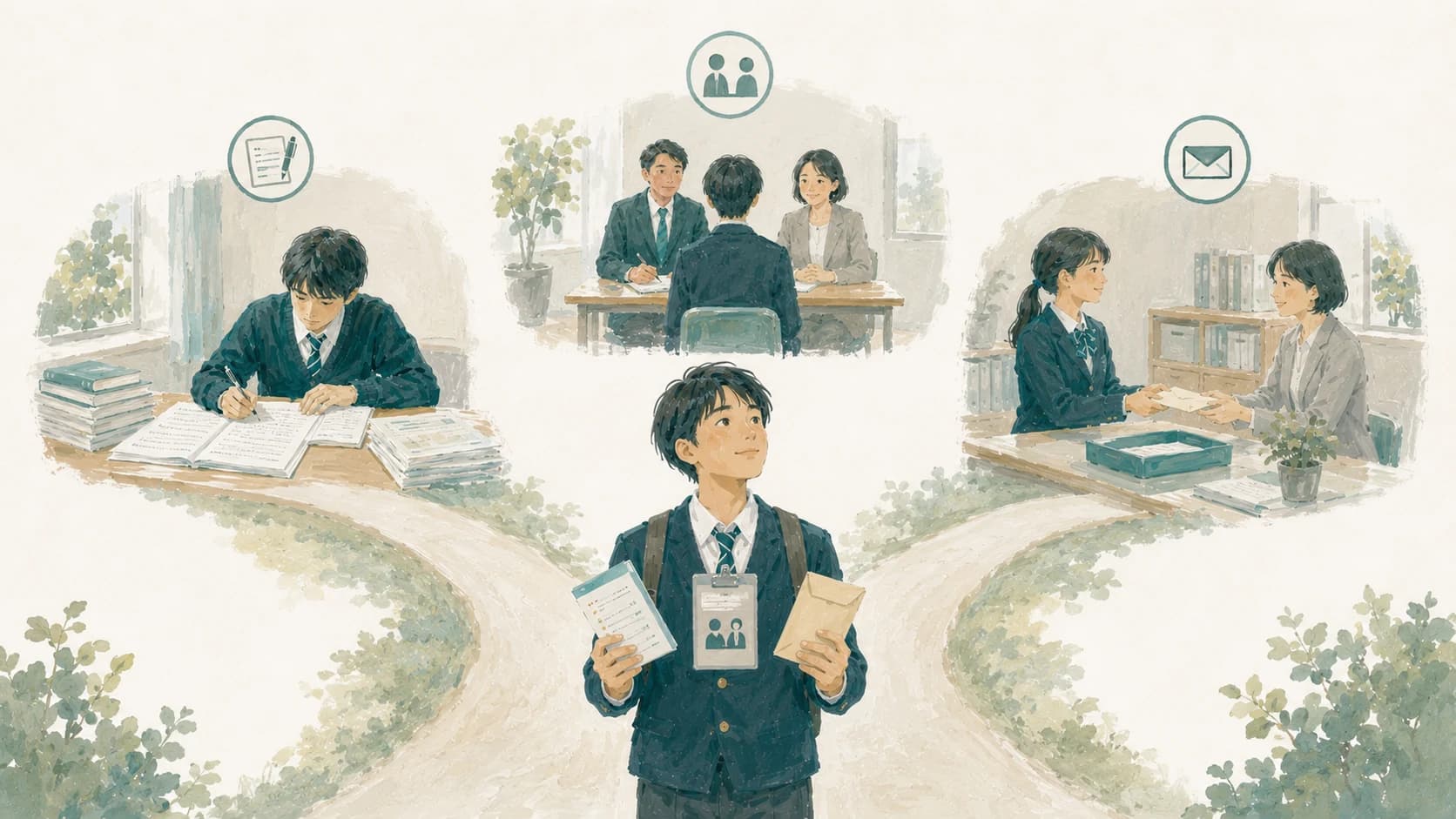 総合型・公募・一般の3つを並行する『マルチ入試』の負担を表すイラスト