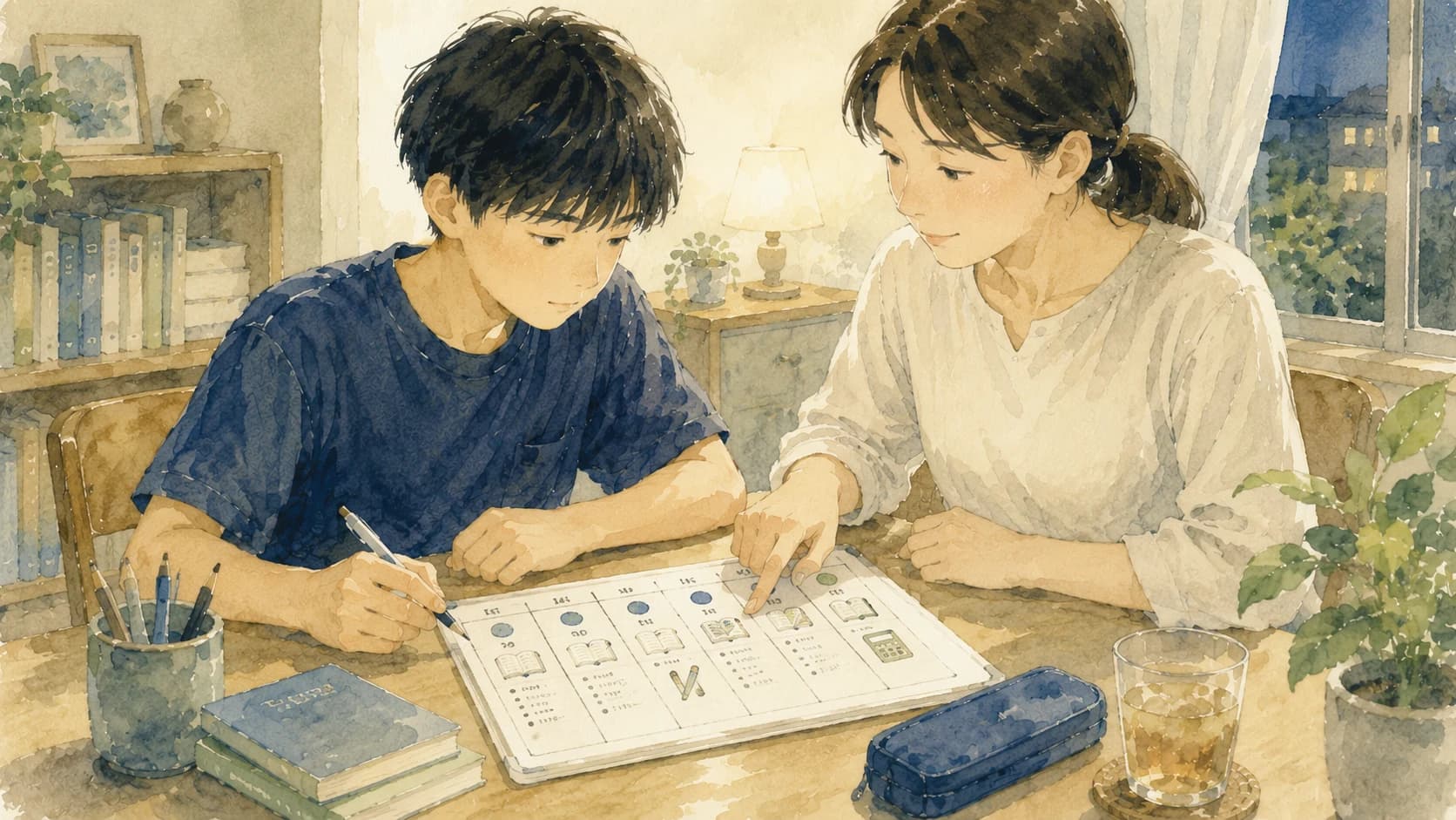 夏休みの週末に家族で週次計画を振り返るイラスト