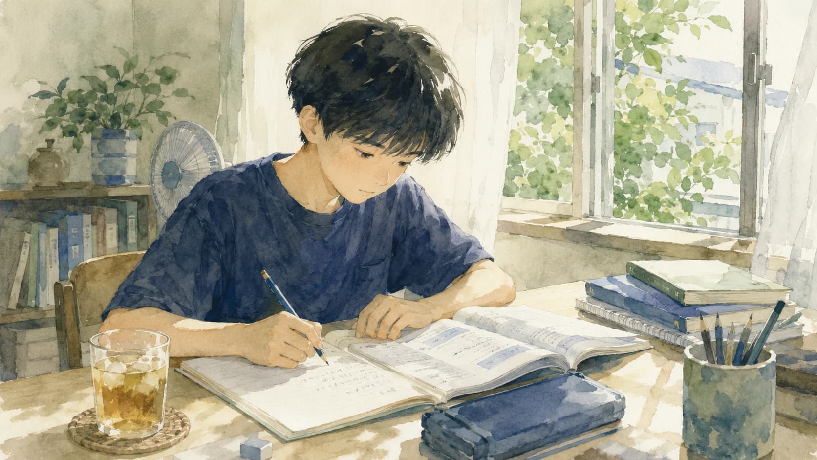 夏休みに家で集中して勉強する生徒のイラスト