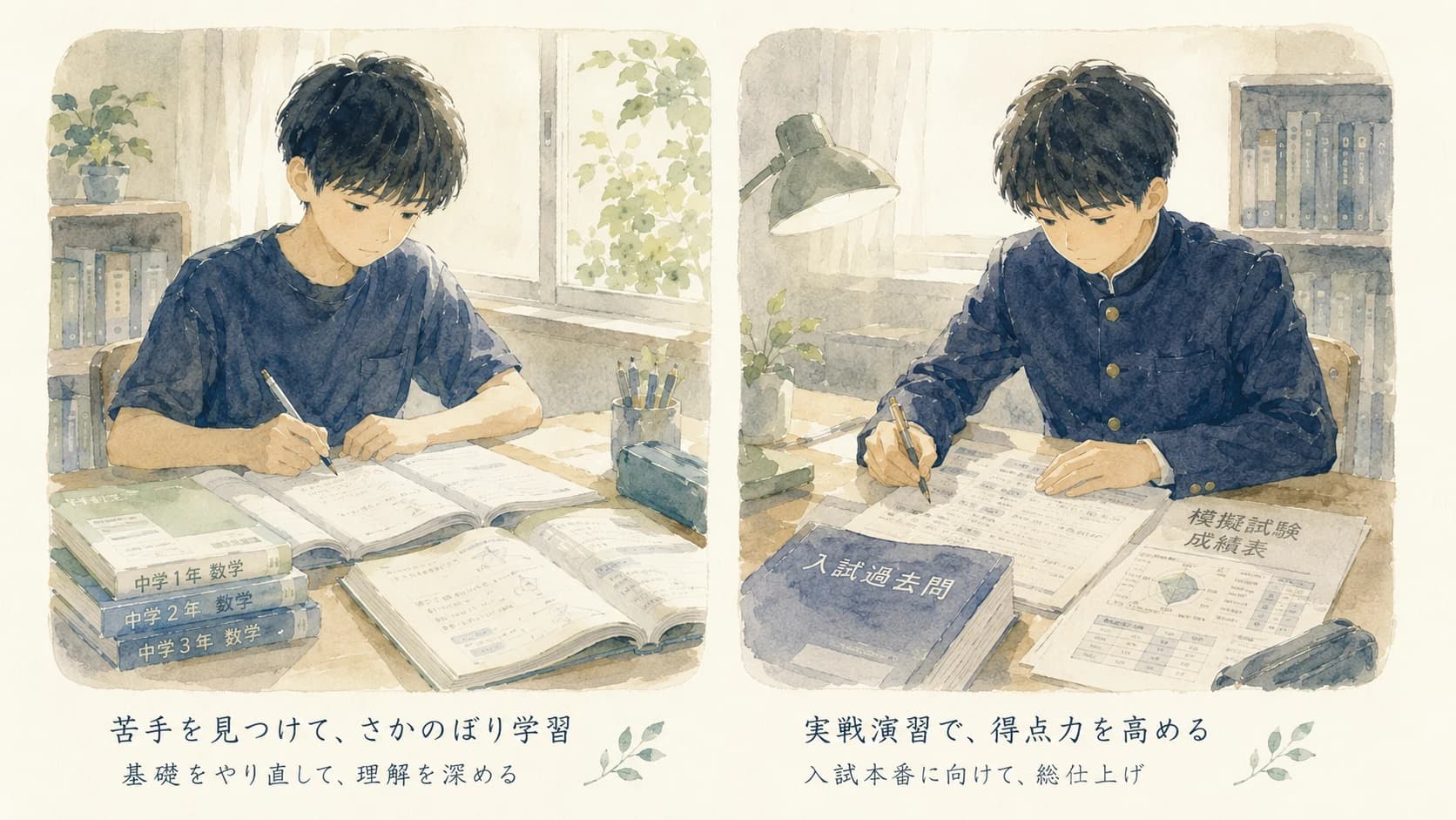 中学生の夏休みの戻り学習と受験勉強を表すイラスト