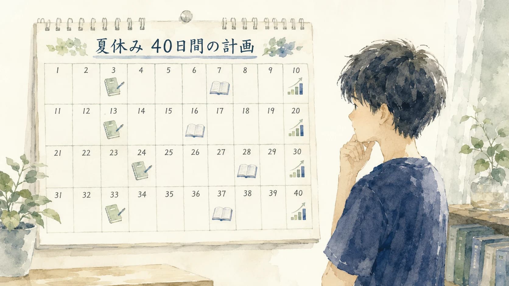 40日間の夏休みのスケジュール表を見つめる生徒のイラスト