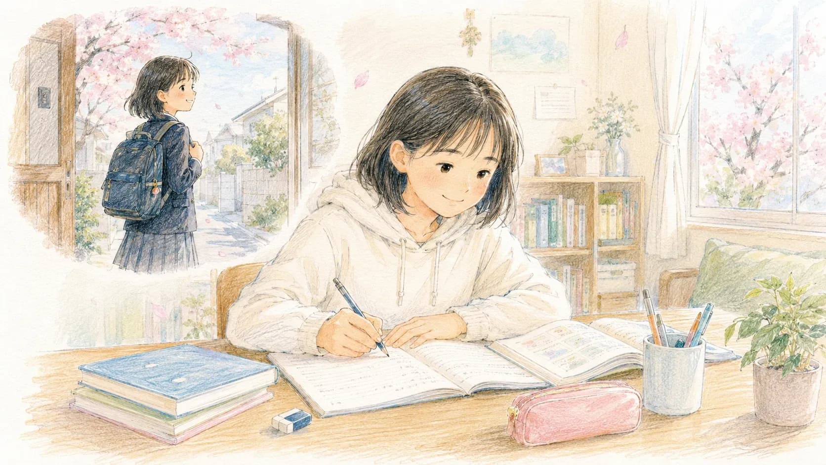 塾通学と自宅学習が両立した中学生の生活のイラスト