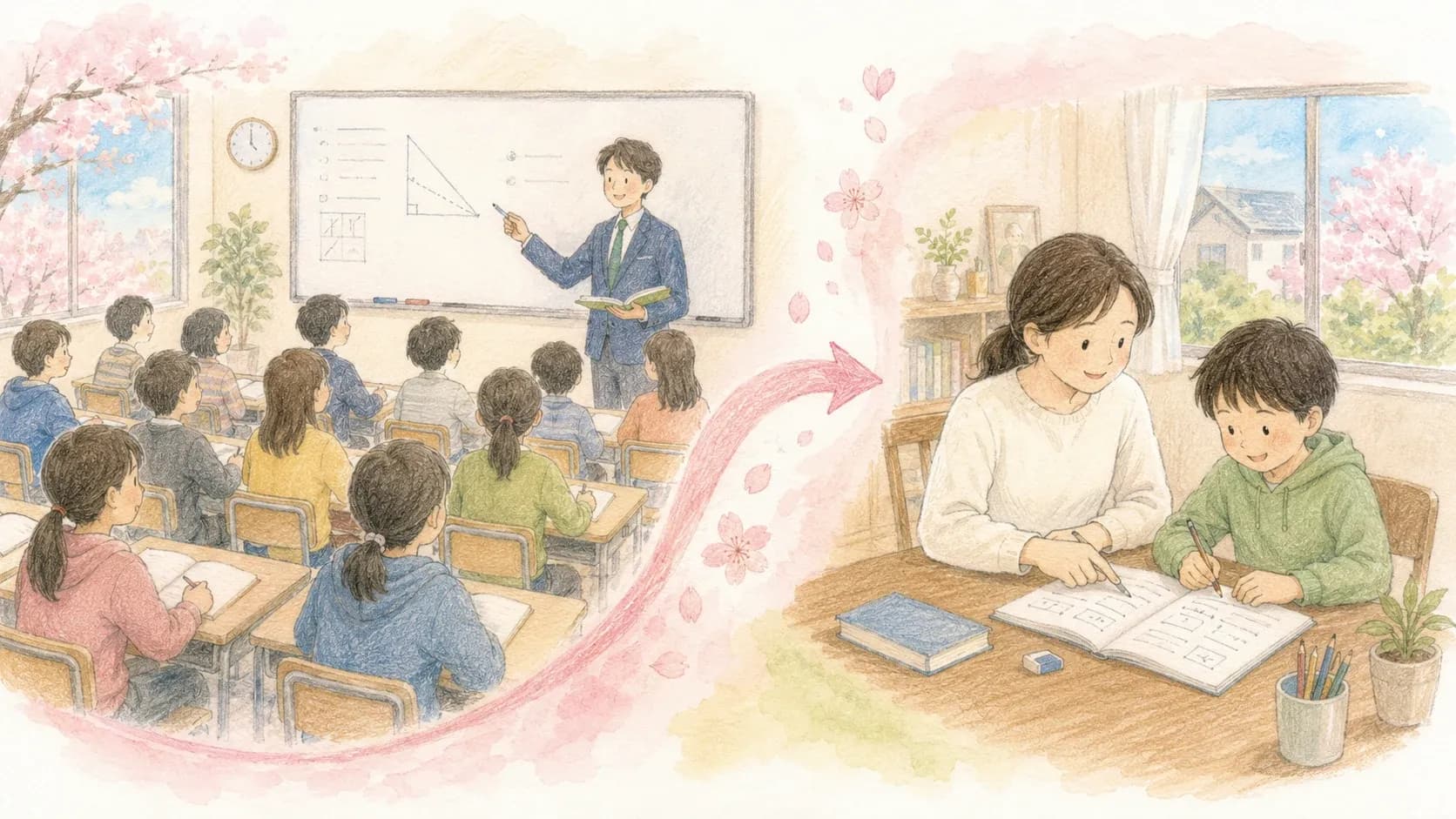 塾と家庭教師の役割分担を表すイラスト