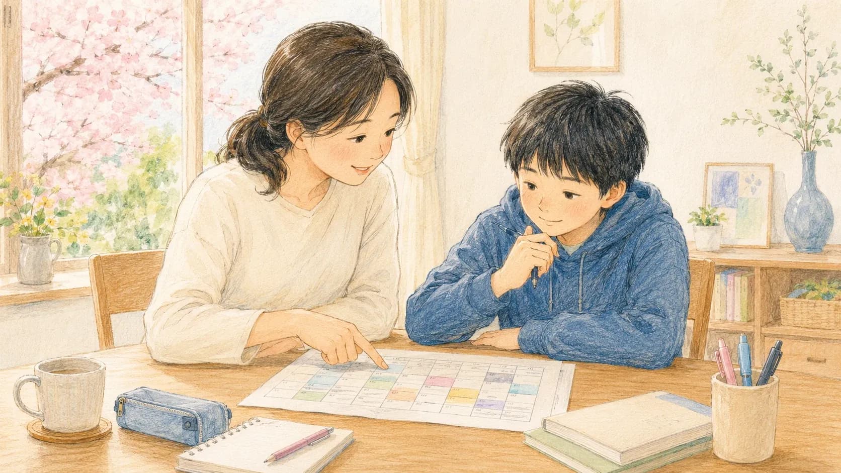 塾と家庭教師の併用スケジュールを話し合う親子のイラスト