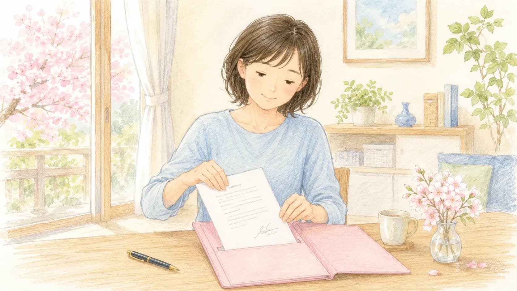 確認を終えて安心して契約書をしまう保護者のイラスト