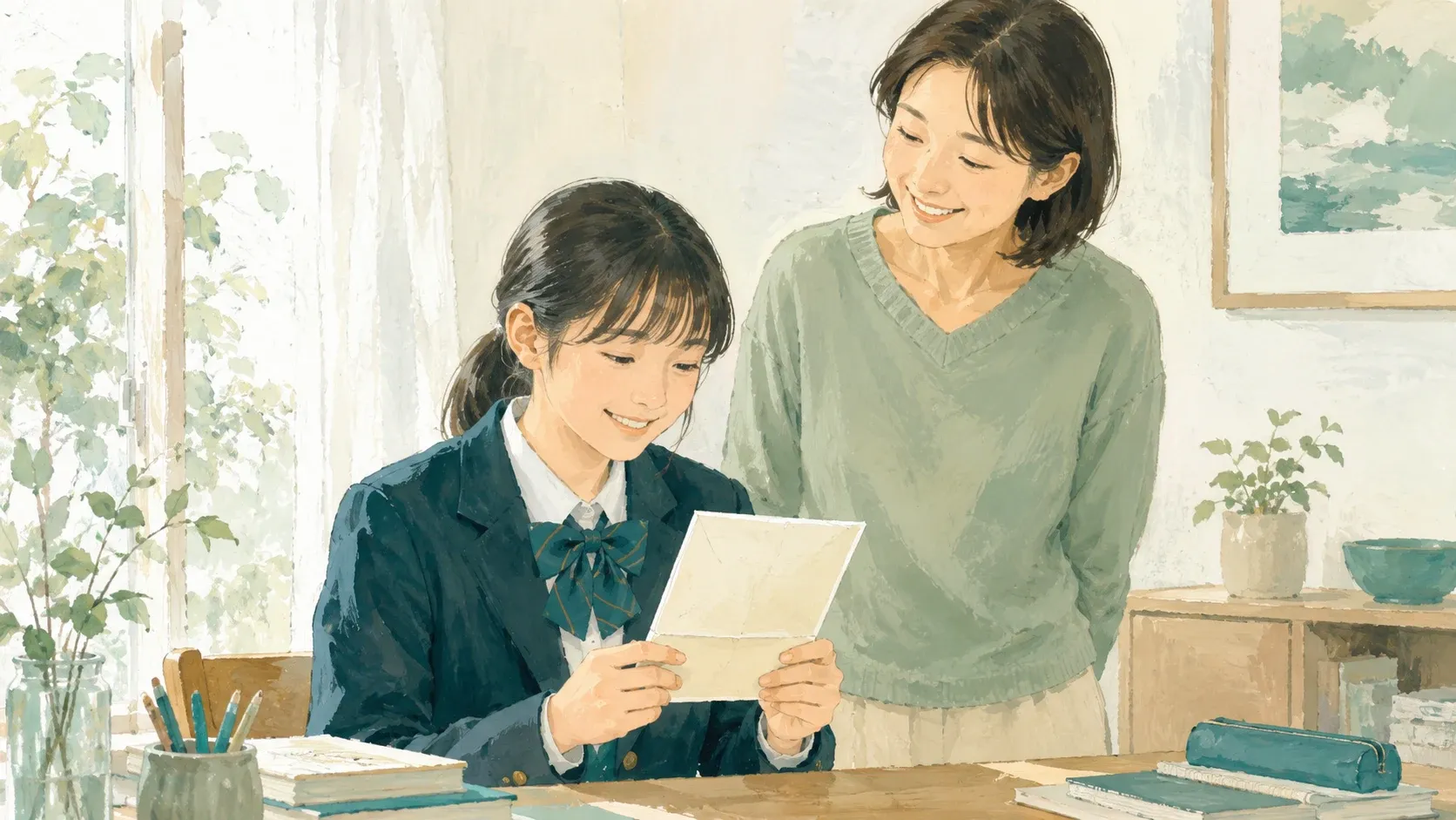 大学合格の知らせを受け取って喜ぶ高校生と保護者のイラスト
