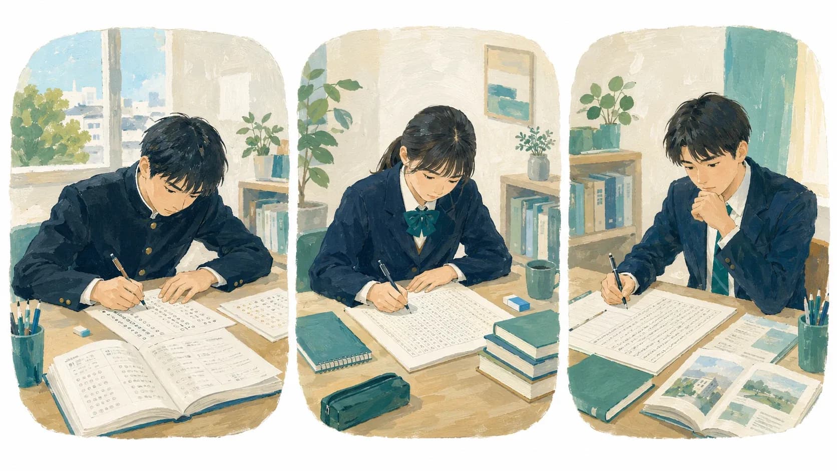 共通テスト・二次試験・推薦入試の3つの大学受験対策を表すイラスト